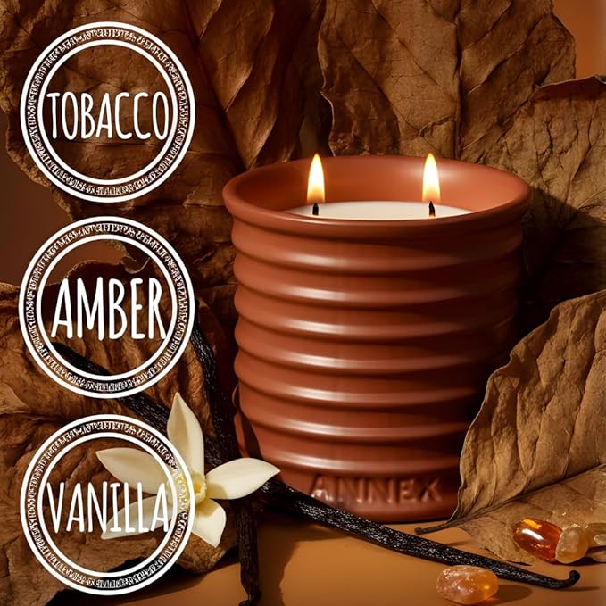 Annex Tobacco, Vanilla & Amber Luxury Scented Candle - 8oz Handmade Ceramic Jar Candle - 50hr Clean Burn, 100% Non-Toxic Soy Wax, Aesthetic Home Decor Winter Gift for Men & Women - Oud & Sandalwood