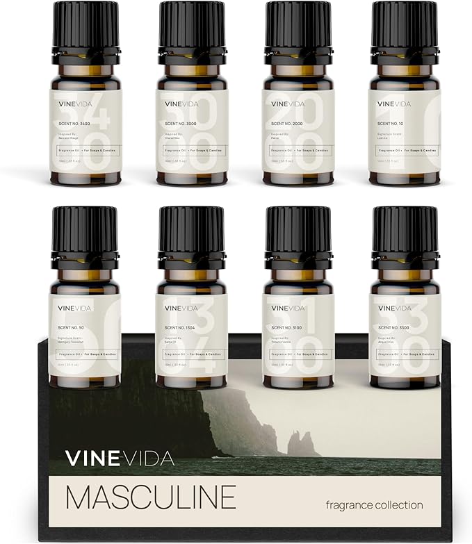 VINEVIDA [Set of 8] Masculine Scents for Candle Making, Made in USA Candle Fragrance Oil, Soap Making Essential Oils, Diffuser Oil Scents