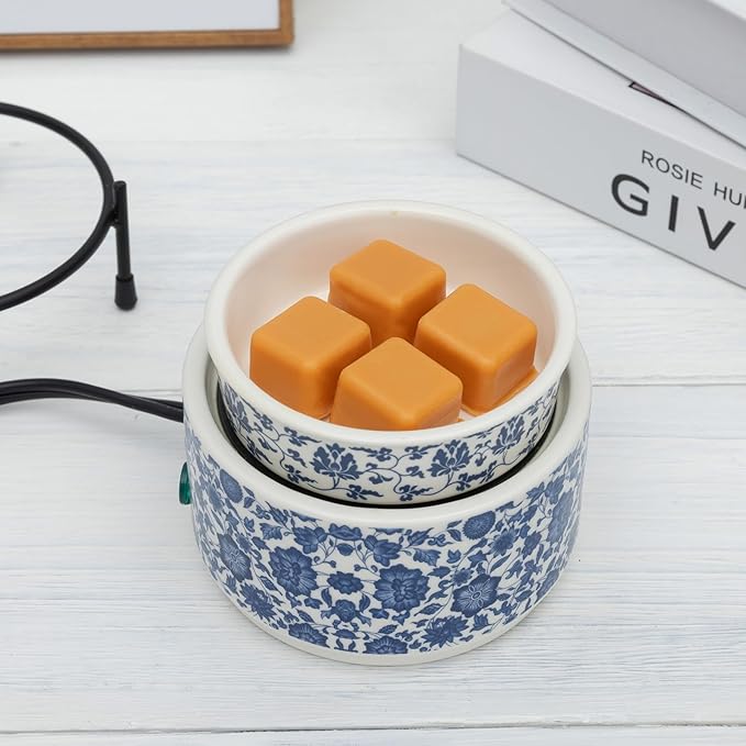 NAFANG Blue & White Porcelain Pattern Wax Melt Warmer,Ceramic 3-in-1 Electric Candle Wax Warmer for Scented Wax Melter Oil Burner for Home Office Bedroom Gift & Decor (with KD Iron Shelf)
