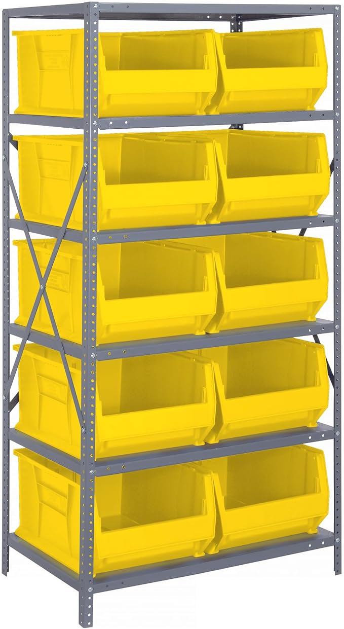 Quantum 2475-954YL Heavy Duty Shelving Unit with (8) Shelves and (10) QUS954 Yellow Bins for Industrial Warehouse Storage Distribution | 400 lbs Capacity | 24"D x 36"L x 75"H, Galvanized Carbon Steel