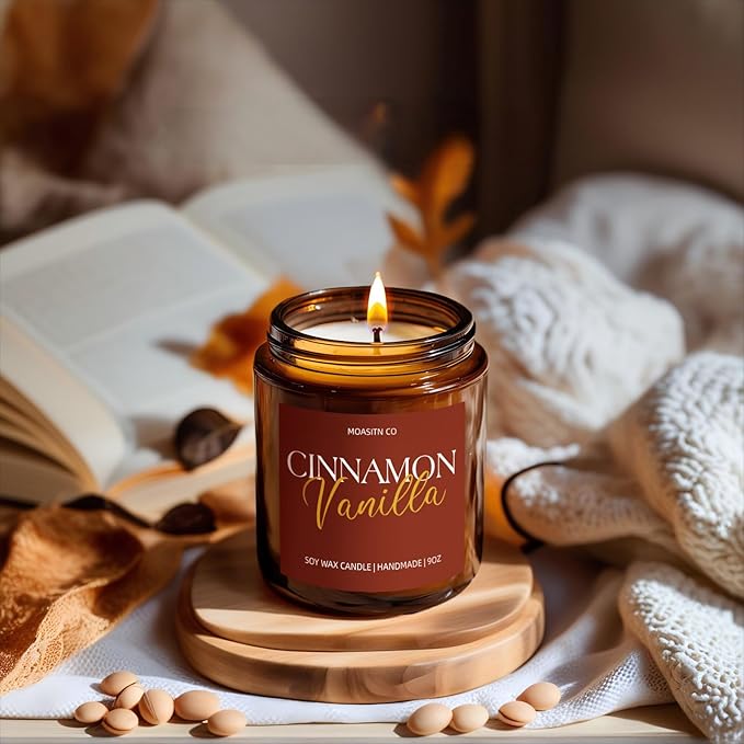 Cinnamon Vanilla Candle for Home Scented| Organic Soy Non Toxic Candles| Long Clean Burning Aromatheraphy Jar Candel for Women Men for Autumn,Winter, Halloween,Thanksgiving,Relaxing| 9oz