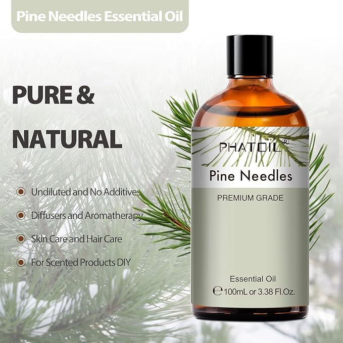 PHATOIL Natural Pine Needles Essential Oil - Pure Aromatherapy Oil for Home Freshening, Skin & Hair Care, DIY Candle, Soap Making 3.38Fl Oz