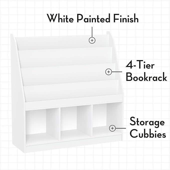 RiverRidge Kids Bookrack with Three Cubbies and 2 Gray Bins