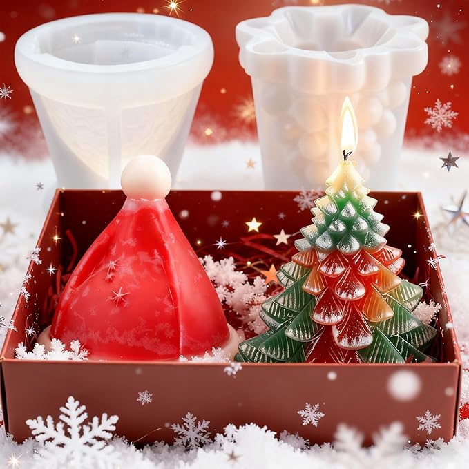 2pcs 3D Christmas Tree Silicone Candle Soap Epoxy Resin Wax Mold Silicone Shapes Christmas Trees Mold for Candle Resin Soap Craft Cake Chocolate Making Kit Christmas Gift (Christmas hat+Tree)