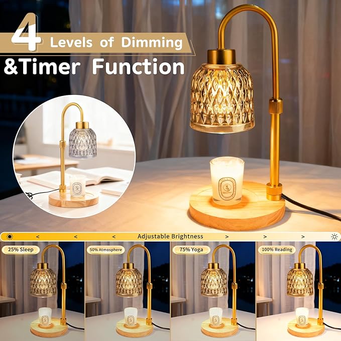 Candle Warmer Lamp with Timer, 3 Bulbs, Adjustable Height, 2/4/8H Auto Shut-Off for Home Office Décor, Ideal Gift (Amber)