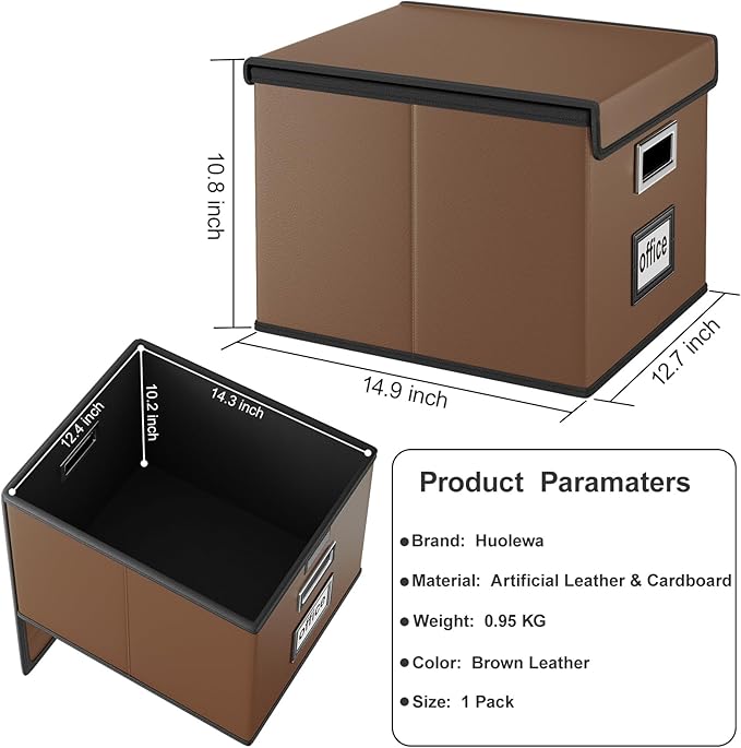 Huolewa Faux Leather File Organizer Box with Lid, Collapsible Hanging File Folder Box Organizer with Plastic Slides, Decorative Home/Office Filing System Boxes for File and Folder Storage-Brown
