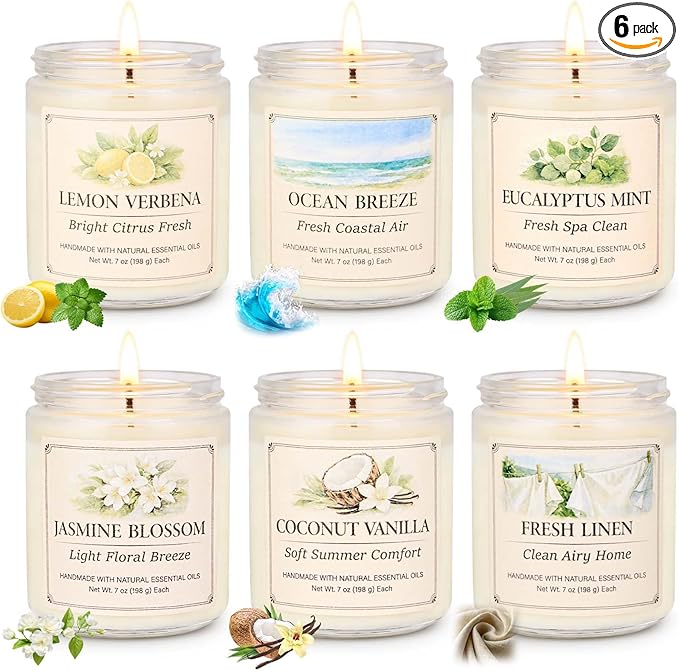 Scented Candle Gift Set, 6 Pack 7oz Natural Soy Wax Aromatherapy Candles, Coconut Vanilla Lemon Verbena Fresh Linen Scents, Long Burning Candles for Home Relaxation & Gifting