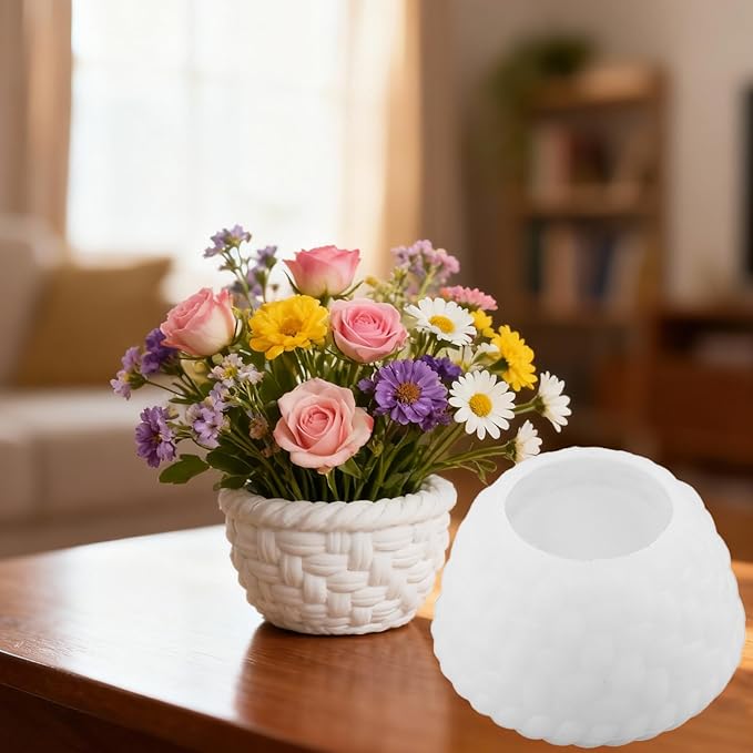 1 Pc Woven Flower Basket Resin Casting Silicone Mold Flower Pot Vase Epoxy Mold for Plaster Cement Concrete DIY Jewelry Small Ornament Trays Party Favors Home Decorations Candle Making