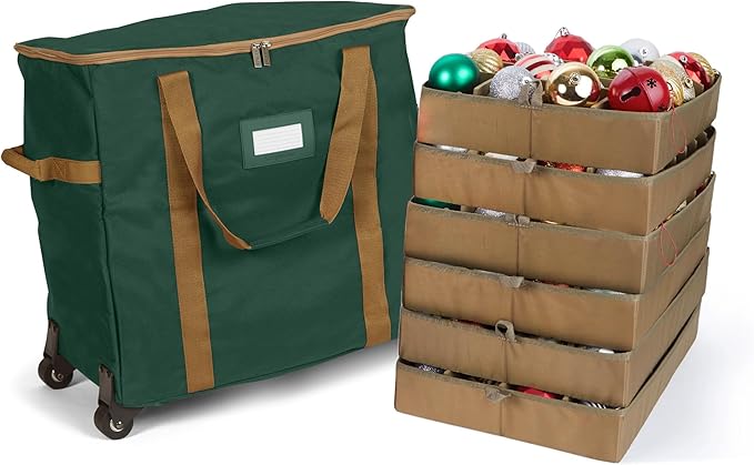 Covermates Keepsakes Rolling Adjustable Ornament Storage Bag – Heavy-Duty Polyester, FlexGrid Trays & Padded Dividers – Protective Holiday Organizer with Wheels, Handles & ID Window, Green