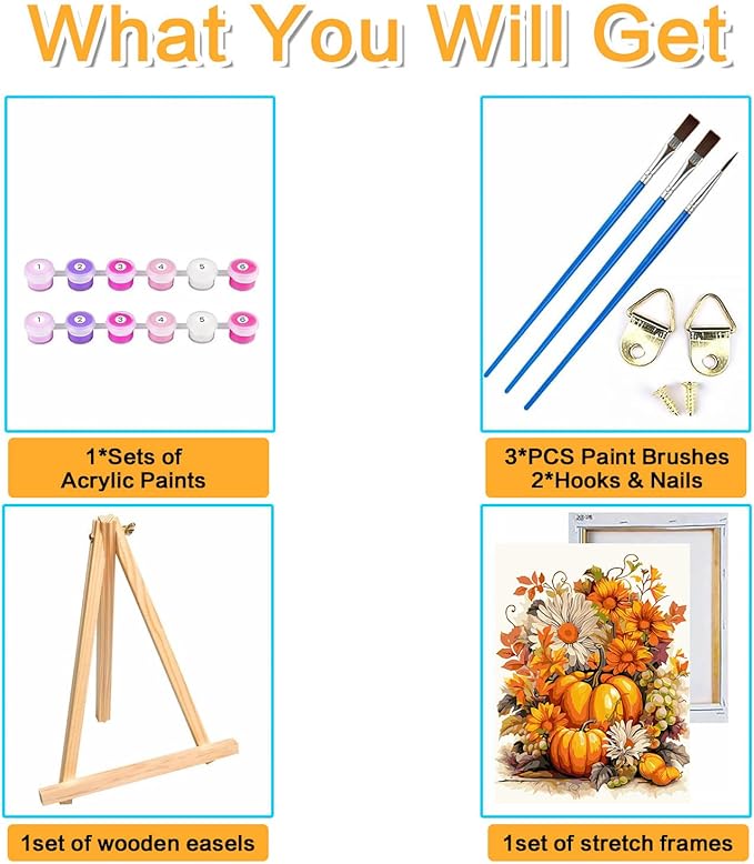Meothan Paint by Numbers Kits for Adults Framed, Fall Paint by Number for Adults Beginners, Autumn Pumpkin Paint by Numbers Kits on Canvas with Framed for Home Wall Decor 12x16inch (with Easel)
