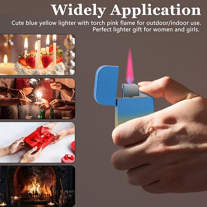 2 Pack Pink Flame Torch Lighter, Cute Lighter,Refillable Butane Lighter, Windproof Torch Lighter for Outdoor Camping BBQ Candle,Nice Gift for Girls,Women on Birthday,Anniversary Ocean,Without Butane