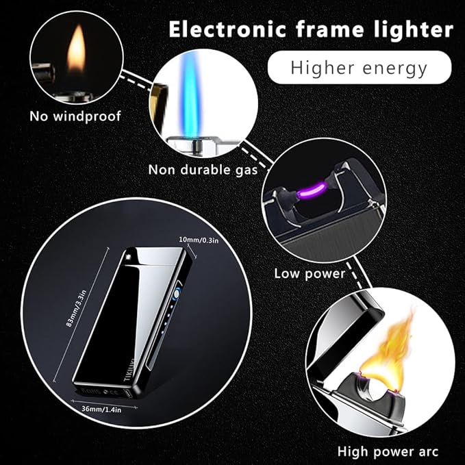 Electric Lighter Rechargeable, Windproof Arc Lighter USB Plasma Lighters with Projection Stone, Visual Battery, Cool Vintage Lighters Custom Design for Outdoor Camping Candle Gift（Black）