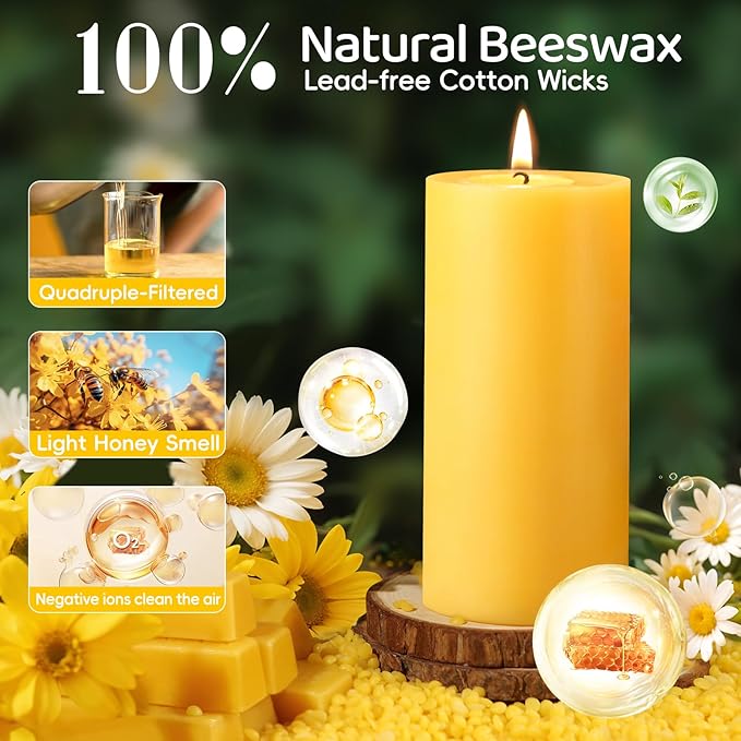 Natural Beeswax Pillar Candles,100% Pure Beeswax Candles-95 Hours Long Burning,Unscented Bees Wax Candles for Home,Prayer,Emergency,Dripless Smokeless Organic Pillar Candles Bluk-2.8x6in-1pack