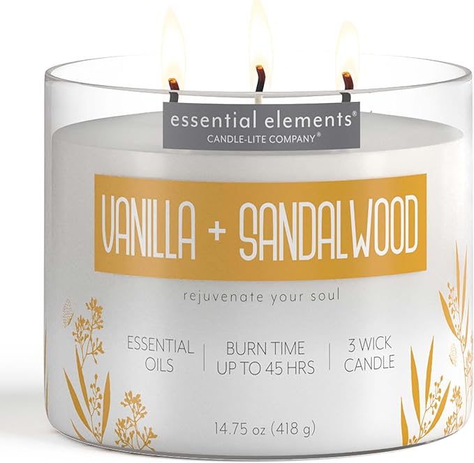 Essential Elements by Candle-lite Scented Candles, Vanilla & Sandalwood Fragrance, One 14.75 oz. Three-Wick Aromatherapy Candle with 45 Hours of Burn Time, Off-White Color