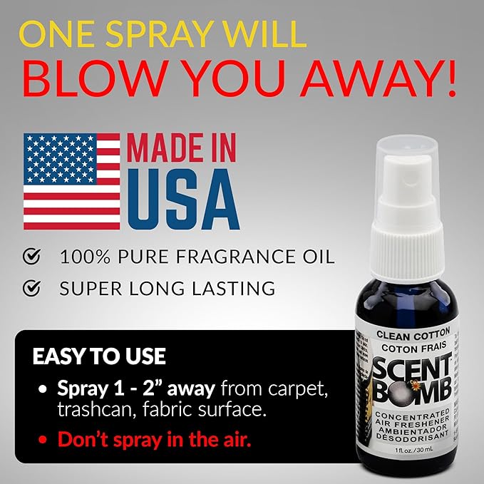 Scent Bomb Air Freshener Spray, Long-Lasting Odor Eliminator - Effective Deodorizer for Home & Car, Fresh Room Spray for Kitchen, Bathroom & Smell Neutralizer - 1 oz Pack of 4, Clean Cotton Scent