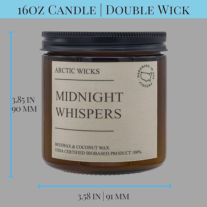 Arctic Wicks Handcrafted Candles | Non Toxic Coconut Beeswax Candles 16oz Double Wick | 100% USDA Certified Biobased, Handmade, Premium Waxes, Non-Toxic (Midnight Whispers, 16oz Amber Jar)