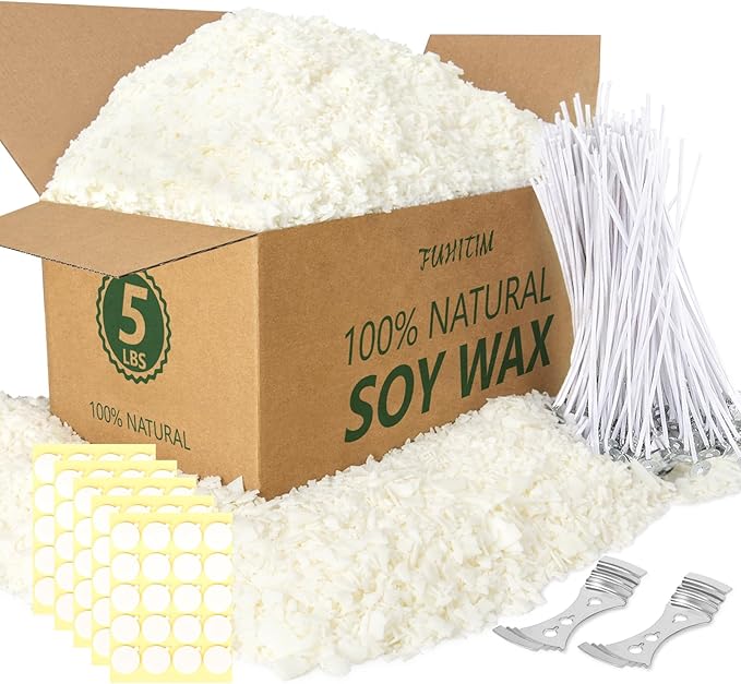 FUHITIM Soy Candle Wax for Candle Making 5 lbs Bag, Premium Natural Soy Wax Flakes, No additives and Pure, 100 Cotton Candle Wicks, 100 Wick Stickers, & 2 Centering Devices