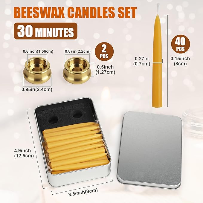 40 PCS 30 Minute Beeswax Taper Candles Natural Smokeless Mini Pure Beeswax Candles with Brass Candle Holders for Home Meditation Prayer