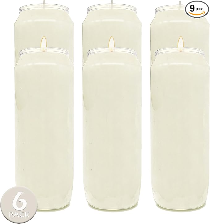 Hyoola 9 Day Prayer Candles 7 inch Tall Pillar Candles for Religious, Memorial, Party Decor, Vigil and Emergency Use - Vegetable Oil Wax in Plastic Jar Container, White (Pack of 6)