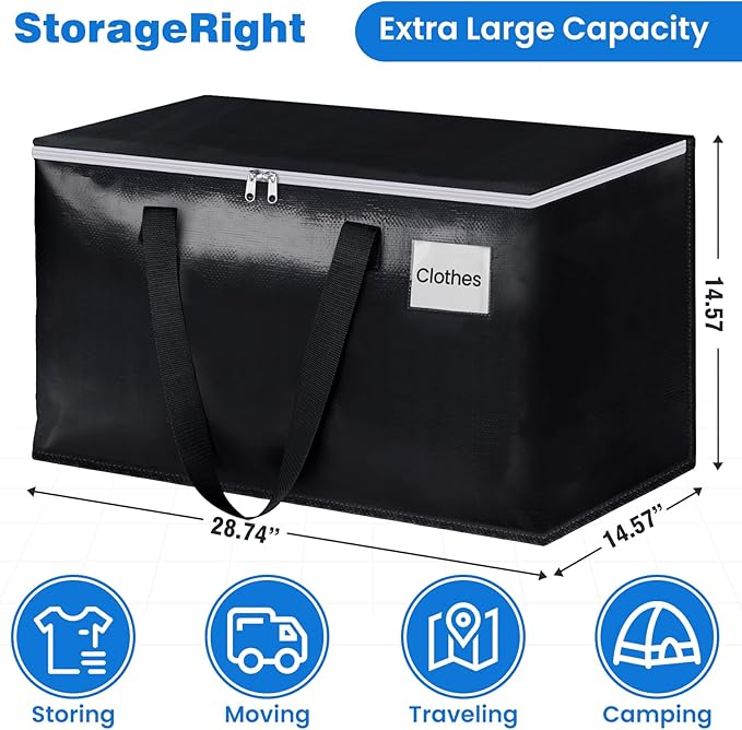 StorageRight Large Moving Bags Heavy Duty Storage Totes for Storage,Packing & Moving Collapsible Moving Supplies with Large Capacity, Reinforced Zippers and Handles, 100L, 4 Packs