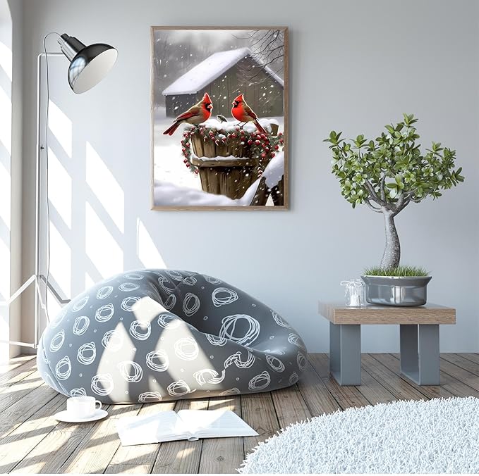 GUAIEUW Snow Lodge Redbird Diamond Painting Kit for Adults, Full Round Diamond Cardinal Bird 5D Diamond Painting DIY Art Crafts for Winter Home Wall Decor Holiday Gift 20x24 Inch