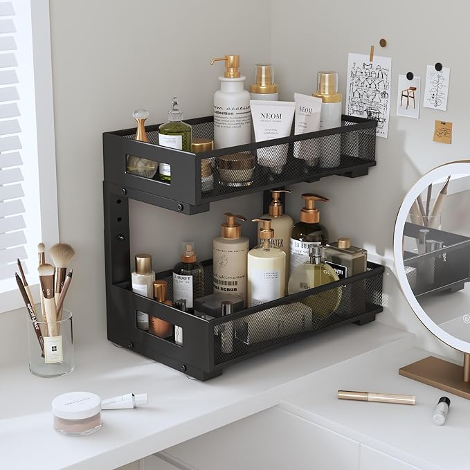 2-Pack Under Sink Organizers And Storage,Large Capacity 2-Tier Pull-Out Cabinet Organizer With Upgraded Tube Rails,Adjustable Height Sliding Drawers,Sturdy Mesh Shelves For Kitchen&Bathroom-Black