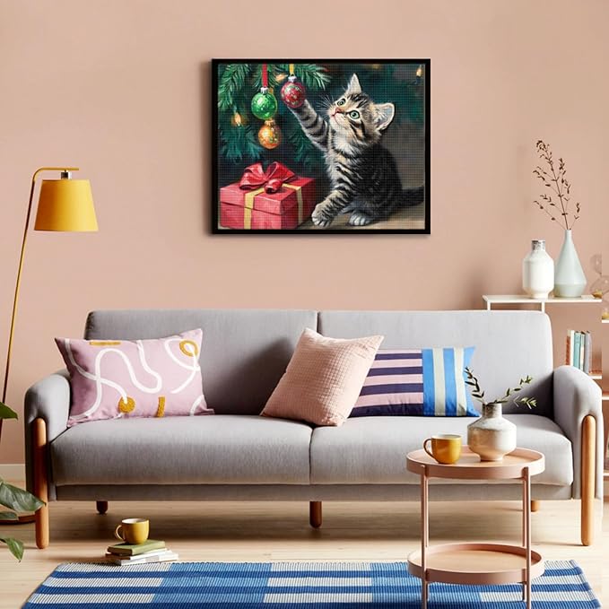 IMLQJES Christmas Diamond Art Kits for Adults - Cat 5D Square Full Drill Gem Art for Beginners - Cat Play with Christmas Tree Animals Diamond Painting Kit for Home Wall Decor 20x24 Inch