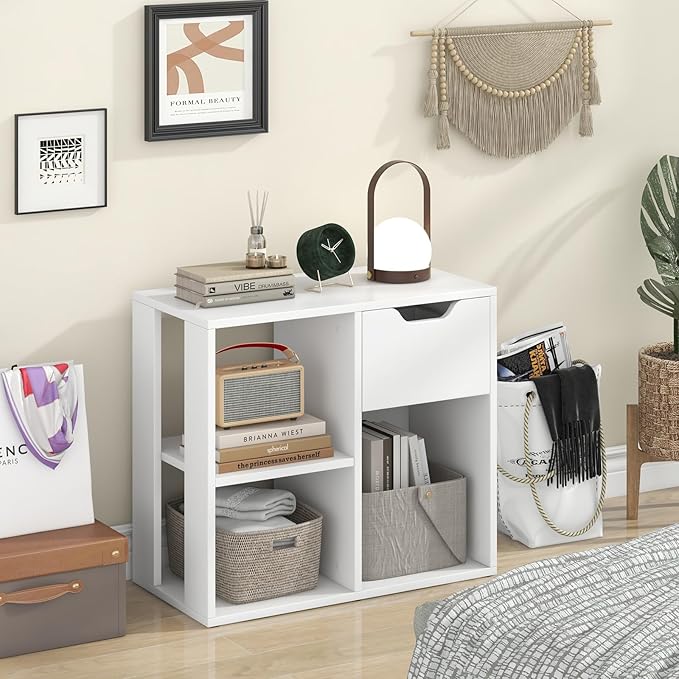 LOKO 3-Cube Bookshelf with Drawer, 2-Tier Open Shelf Bookcase, Freestanding Display Shelf, Modern Home Storage Organizer, Shelving Unit for Living Room, Bedroom, Study, Office (1, White)