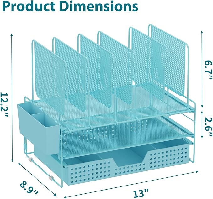 LEKETREE Blue Desk Organizer, Office Organization with Vertical File Holder, File Organizer with Drawer and Pen Holder, Desk Accessories and Workspace Organizers for Home Office (Sky Blue)