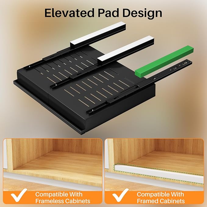 Pull out Cabinet Organizer, 2-Pack Expandable(13.6"-24") Silde out Drawers with Raising Pad for Framed Cabinets, Adjustable Full-Extension Adhesive Roll out Shelves for Kitchen Pantry Home Pot and Pan