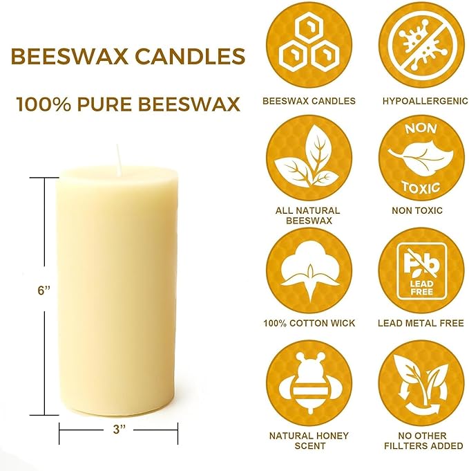 White Natural Beeswax Pillar Candles-85 Hours Burn Time 100% Pure Beeswax Candles | Organic Bees Wax for Home, Prayer, Christmas, Party | Unscented, Smokeless, Dripless 1 Pack (3×6 inch)