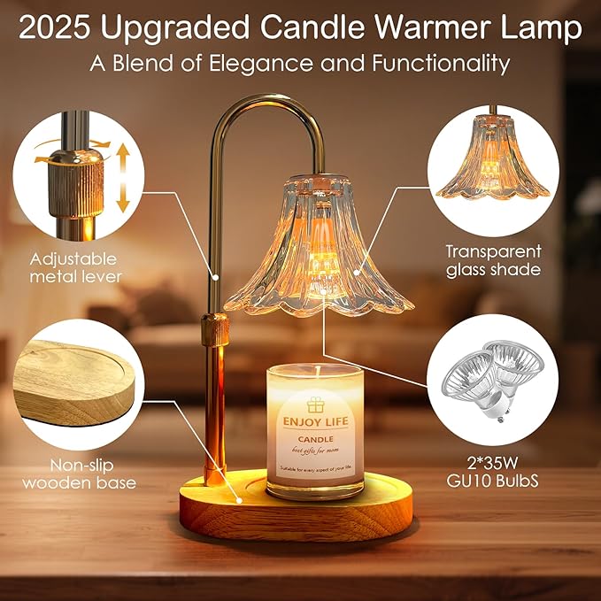 Banbanda Candle Warmer Lamp with Timer: Valentine Gifts for Women Mom, Adjustable Height, 3 Timing Mode, 4 Level Dimmable Flower Candle Warmer with 2 Bulbs for House Warming Gifts Room Decor