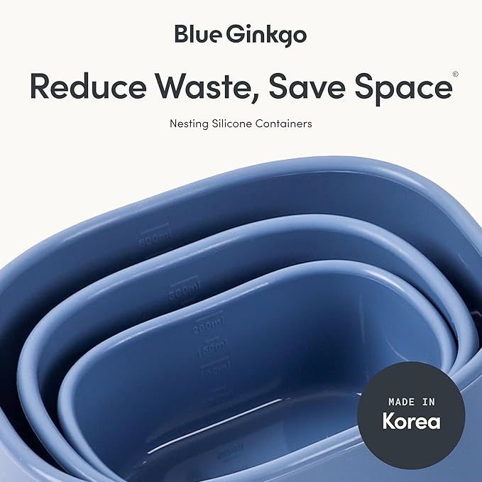 BLUE GINKGO Nesting Silicone Containers - Set of 3 Hard-Shell Silicone Food Storage Containers | BPA Free, Airtight, Dishwasher and Freezer Safe (6.7oz, 10oz, 20oz) - Blue