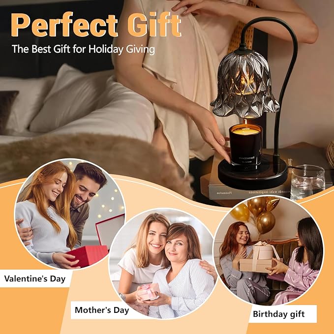 Candle Warmer Lamp with Timer&Dimmer, Adjustable Brightness Marble Base Electric Wax Melts Warmer, Home Decor Candle Warming Lamp Gifts with 2 Bulbs