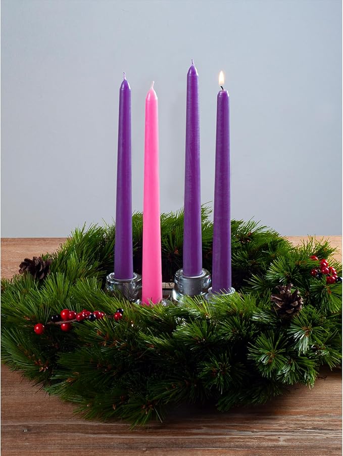 CANDWAX 12 Inch Advent Taper Candles Set of 12 - Long Burning Dripless Unscented Tapers - Perfect for Advent Wreaths, Christmas Décor - 9 Purple Tapers, 3 Pink Tapered Candles