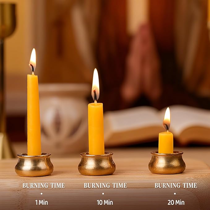 12 Packs Mini Beeswax Taper Candles, 20-30 Minute Meditation Candles with Brass Candle Holders, Dripless Mini Beeswax Prayer Candles Gift for Yoga Relaxation (12)