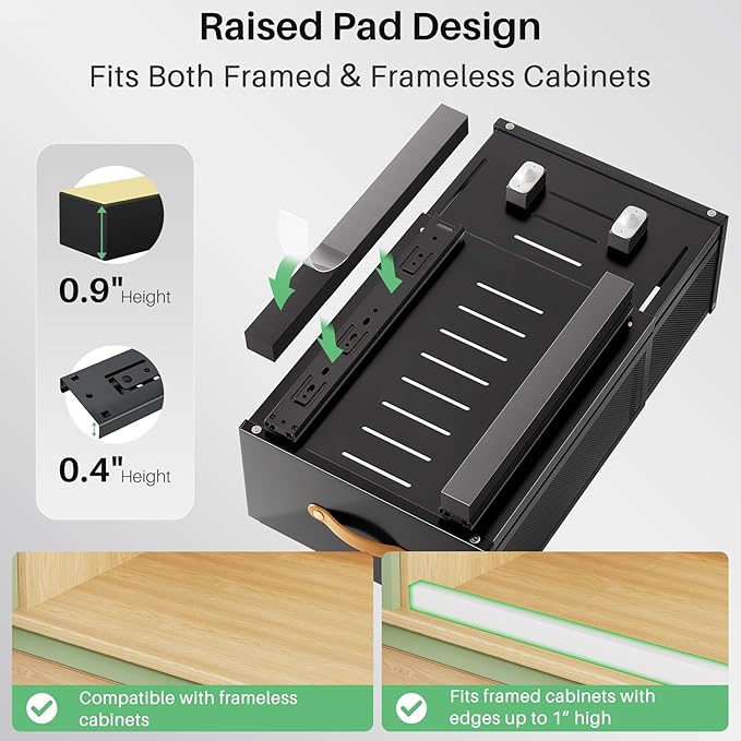 Pull out Cabinet Organizer, 2-Pack Expandable Depth(15.7"-21.7") with Raising Pad for Framed Cabinets, Heavy Duty Slide out Drawers,Roll Out Shelves for Kitchen, Pantry Organizers and Storage(Black)