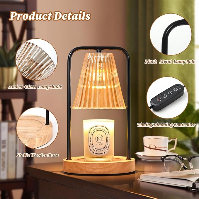 Candle Warmer Lamp with Timer, Electric Candle Lamp Warmer for Jar Candles, Dimmable Wax Melt Warmer with 2 Bulbs, Mom Christmas Gifts Birthday House Warming Gifts New Home, Vintage Home Bedroom Decor