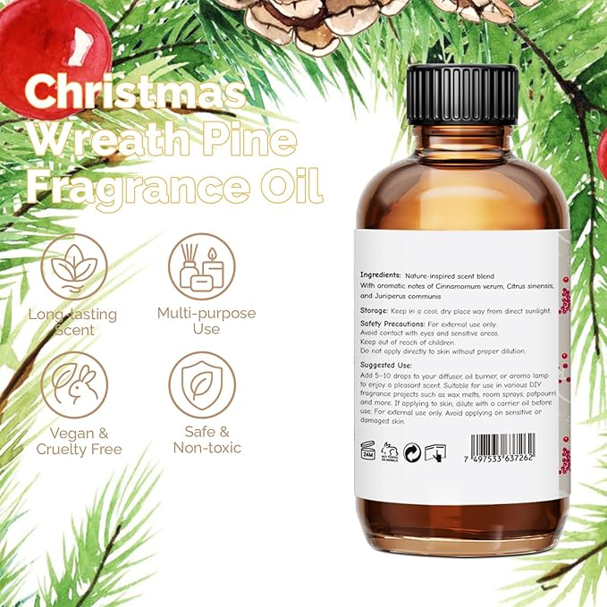 GM Gumili Christmas Wreath Pine Fragrance Oil 2 Oz, Natural Scent Oil for Home Essential Oils Diffuser, Candle Making, Soap Making, DIY Body Oils, Perfume, Body Mist, Spray - Cozy Pine Scent