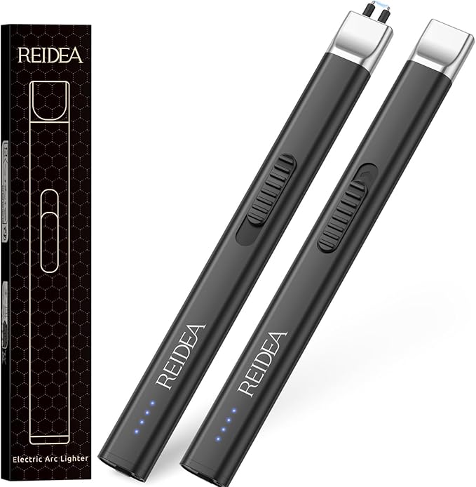 REIDEA 2 Pack Electric Arc Lighter, Windproof Flameless USB Rechargeable with Safe Button and Power Indicator for Candle, BBQ and Fireworks, Obsidian Black