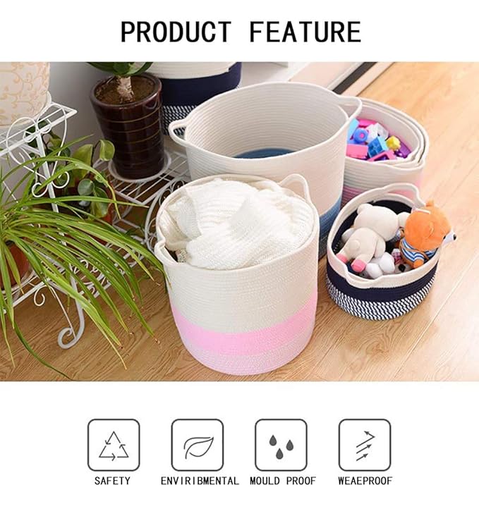 Storage Baskets Woven Basket,Cotton Rope Woven Basket with Handles,Decorative Baskets for Organization,Blanket Storage,Towel,Laundry,Magzine,Basket,Room Organizing or Baby Nursery