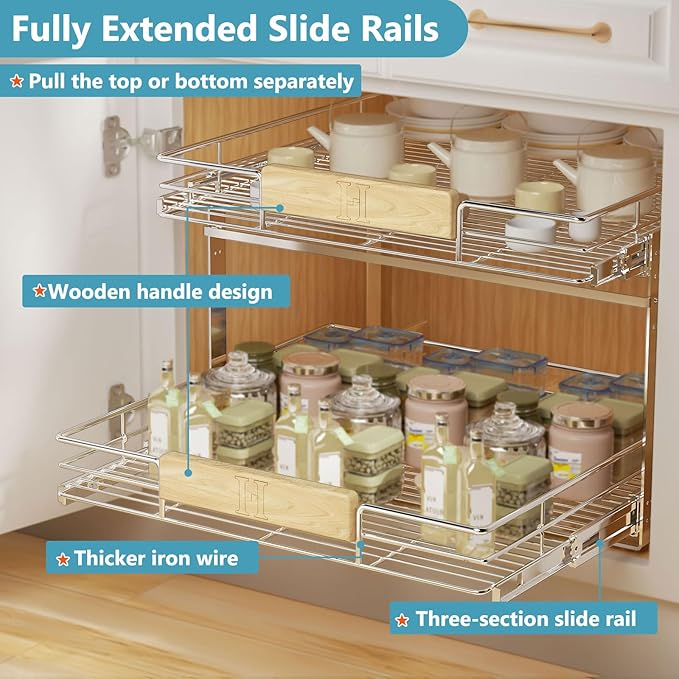 LOVMOR 2 Tier Pull Out Cabinet Organizer 28½" W x 21½" D, Slide Out Drawers with Wooden Handle, Sliding Shelves Organization and Storage for Kitchen, Pantry