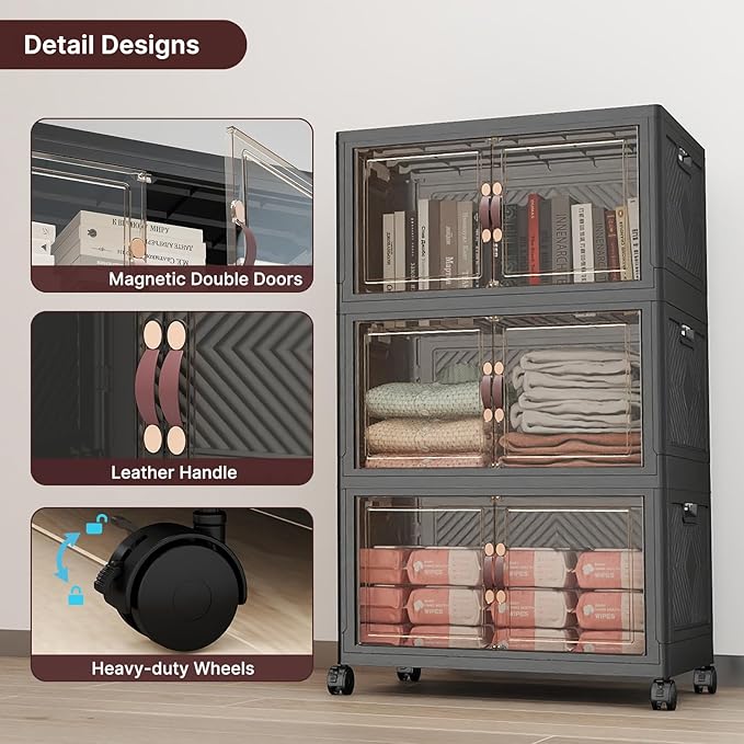 UAMFURI Stackable Storage Bins with Lids, 144QT Closet Organizers, Lockable Storage Cabinet, Foldable Storage Box with Doors and Wheels, Plastic Drawers for Home, Garage, Office (3, Black, Medium)