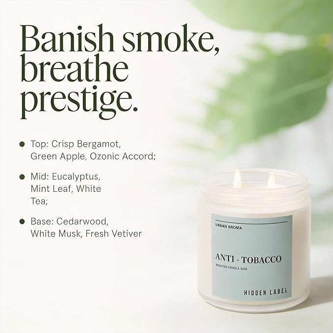 Hidden Label Anti Tobacco Scented Candle, 12oz Natural Soy Candle for Men, 70-Hour Clean Burning, Smoke Neutralizing & Air Purifying, Bachelor Pad Decor & Man Cave Essential, Gift for Him