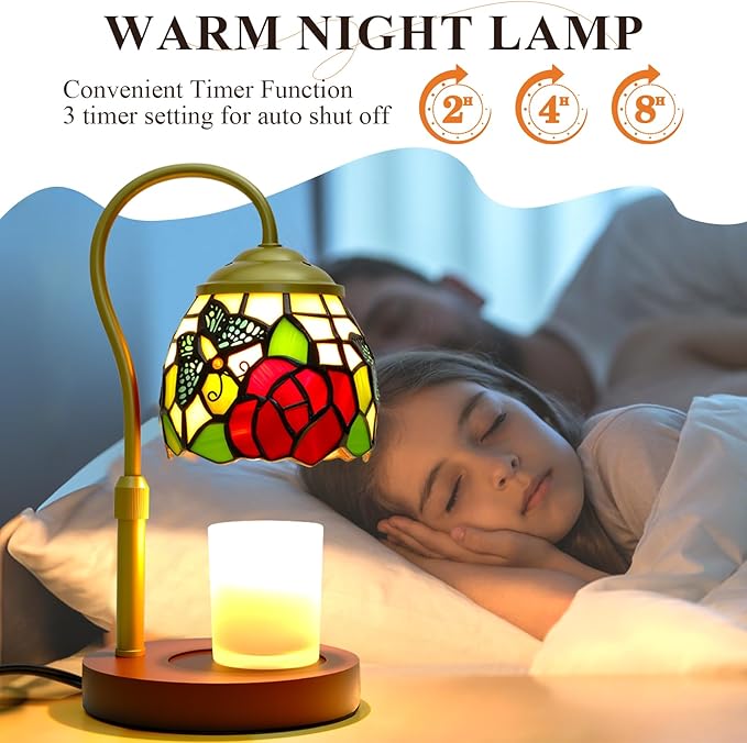 Candle Warmer Lamp with Timer Dimmer, Butterfly Tiffany Style Stained Glass Candle Lamp Warmer, Adjustable Wax Melt Warmer with 2 Bulbs for Small Jar Candles Valentine Birthday Gifts for Women
