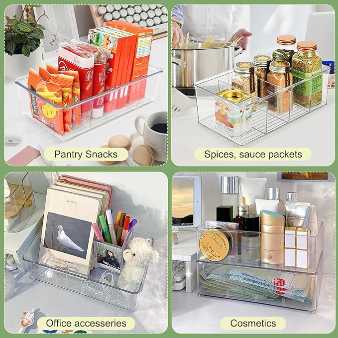ZIZOTI Snack Organizer for Pantry Shelf, 4 Pack Clear Plastic Pantry Storage Bins with 3 Dividers for Snacks, Spices, Chips Food Organizer, Stackable Pantry Organizers for Kitchen, Fridge, Cabinet