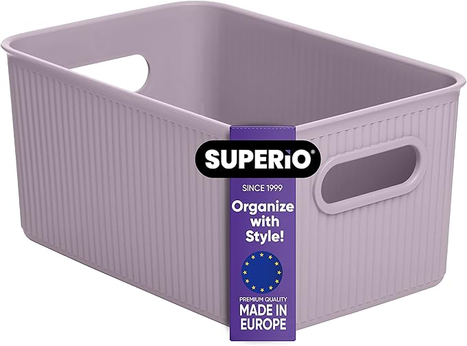 Superio Ribbed Collection - Decorative Plastic Basket Open Home Storage Bins Organizer, Medium Lilac Purple (1 Pack) Container Boxes for Organizing Closet Storage Bins for Shelves 5 Liter
