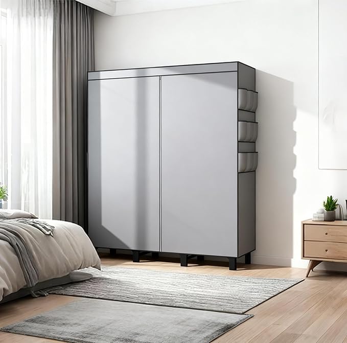 Portable Wardrobe, Easy Hanging Closet 6 Side Pockets Large Capacity Clothes Organizer Comes with 2 Hanging Poles and Shelves, Width 130cm, Depth 45cm, Height 172cm (Grey)