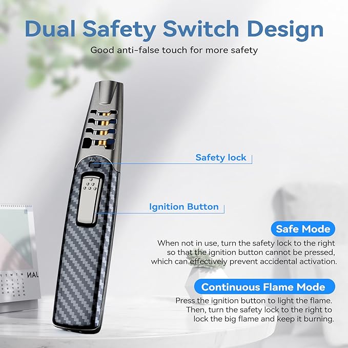 Torch Lighter, Butane Lighter, Windproof Adjustable Big Jet Flame Butane Torch, Refillable Gas Long Torch Lighter with Safety Lock for Candle Grill Camping BBQ Kitchen Soldering, Gas Not Included