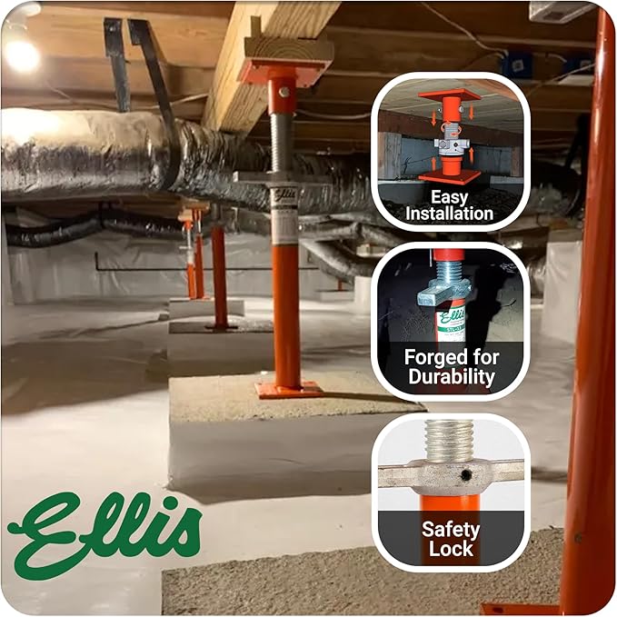 Ellis Manufacturing Light-Duty Steel Construction Jack - Adjustable Screw Jack Post for Floor Leveling, Beams, and Concrete - 16,000 lb Load Capacity - 23"-35" Adjustment, House Jacks for Leveling